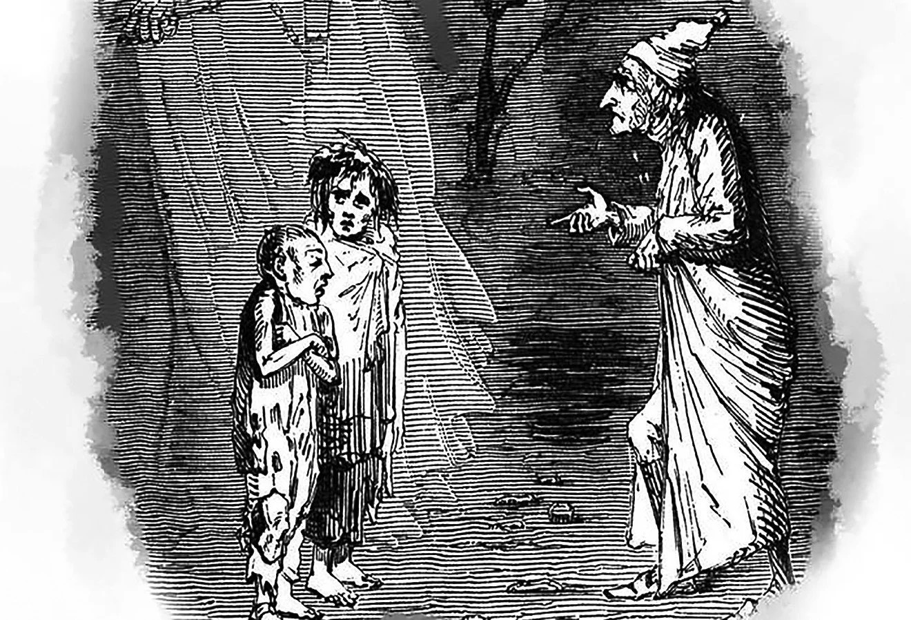 Victorian-style black-and-white illustration of a robed man, likely Ebenezer Scrooge, facing two ragged, barefoot children symbolizing Ignorance and Want, as described in Charles Dickens’ A Christmas Carol. A ghostly figure looms in the background.