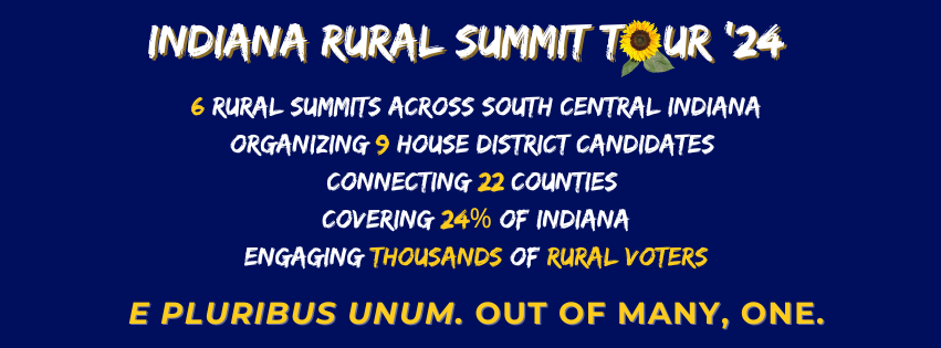 Indiana Rural Summit 2024 6 Rural Summits across South Central Indiana Organizing 9 House District Candidates Connecting 22 counties Covering 24% of Indiana Engaging THOUSANDS of Rural Voters E Pluribus Unum…Out of Many, One
