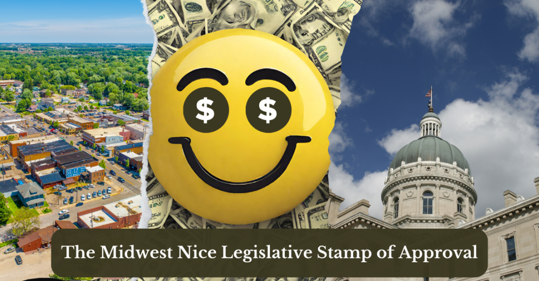 Torn images of a small town and the Indiana Statehouse with a yellow smiley face that has dollar signs for eyes centered between the two.