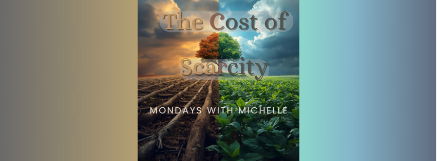 Split-image graphic with a central tree dividing two landscapes: one side shows parched soil and a stormy sky, the other shows lush crops and a bright sky. Overlaid text reads “The Cost of Scarcity – Mondays with Michelle.”